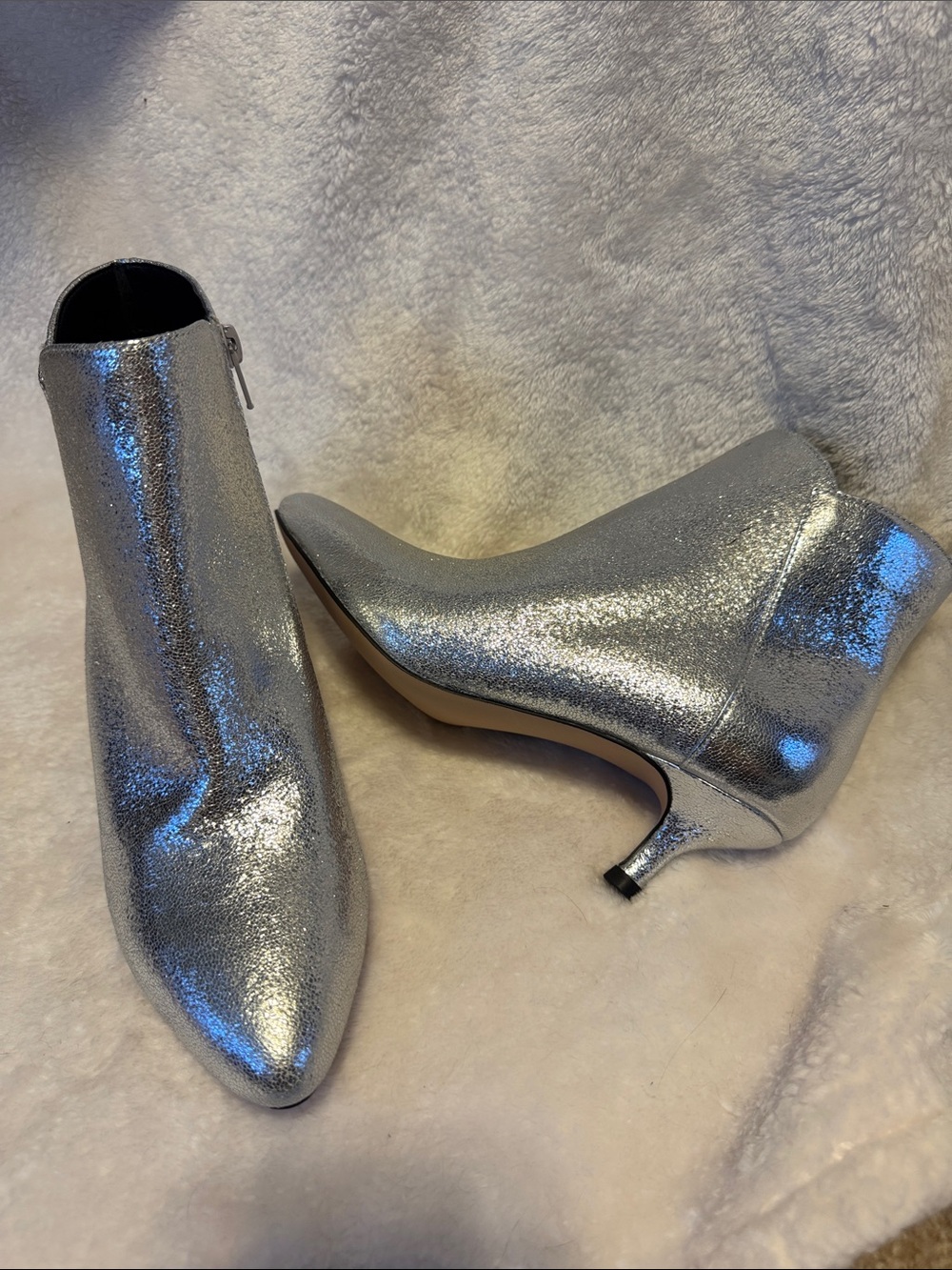 XOXO Silver Glitter Pointed Ankle Booties with Kitten Heel